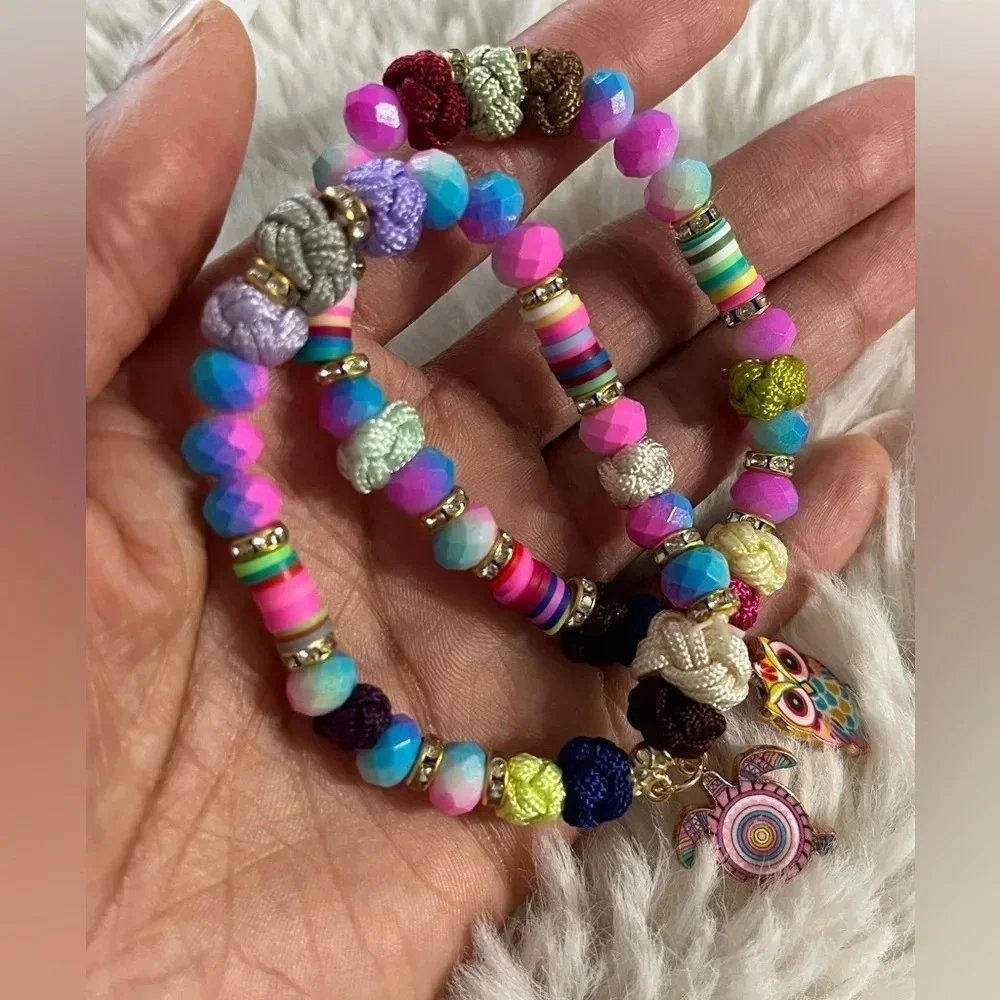 Kids Handcrafted Beaded & Braided Stretch Bracelet (2 piece set)